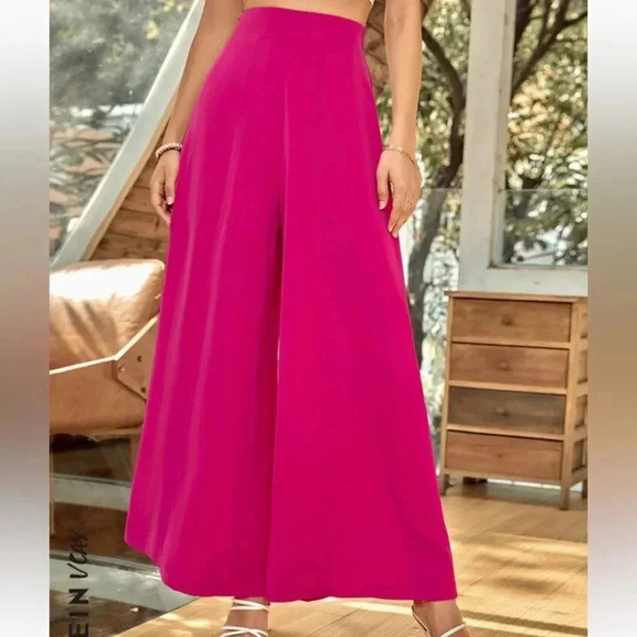 SHEIN Pants - NWT SHEIN VCAY Wide Leg Pants Chiffon Bright Pink Size XL Palazzo Pockets NEW